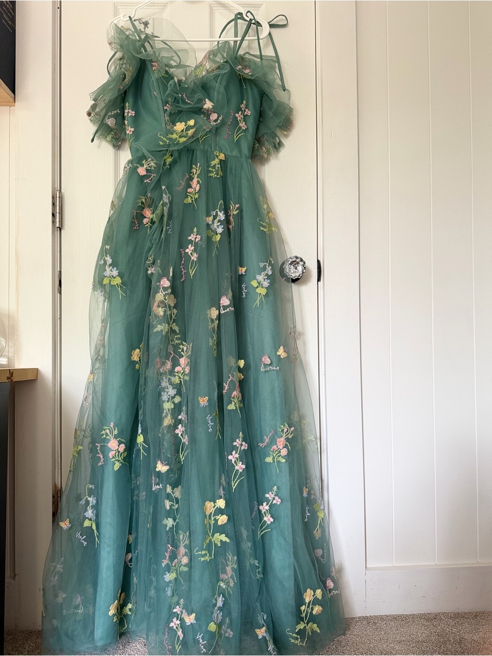 Green Floral Embroidered Tulle Gown